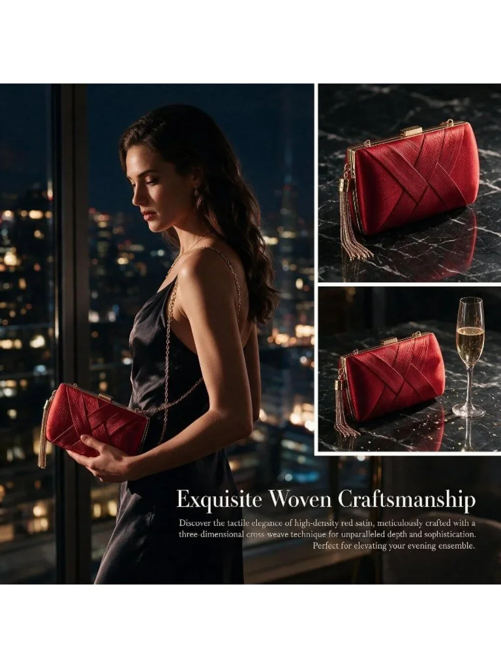 Women's Red Silk Satin Clutch Purse Pearl Tassel With Chain Evening Bag